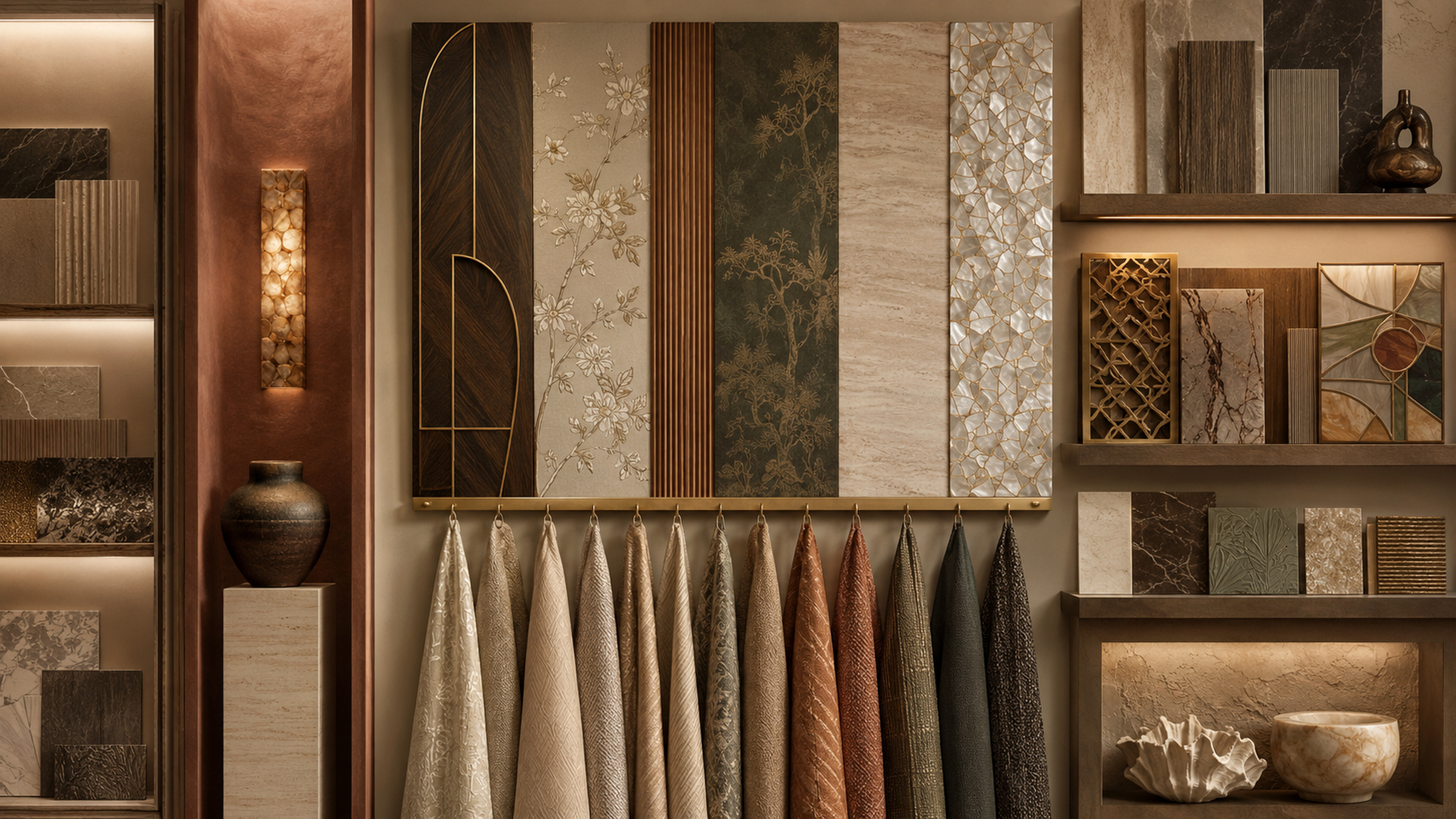 Curated material palette with fabrics, stone, wood, brass, and handcrafted interior details