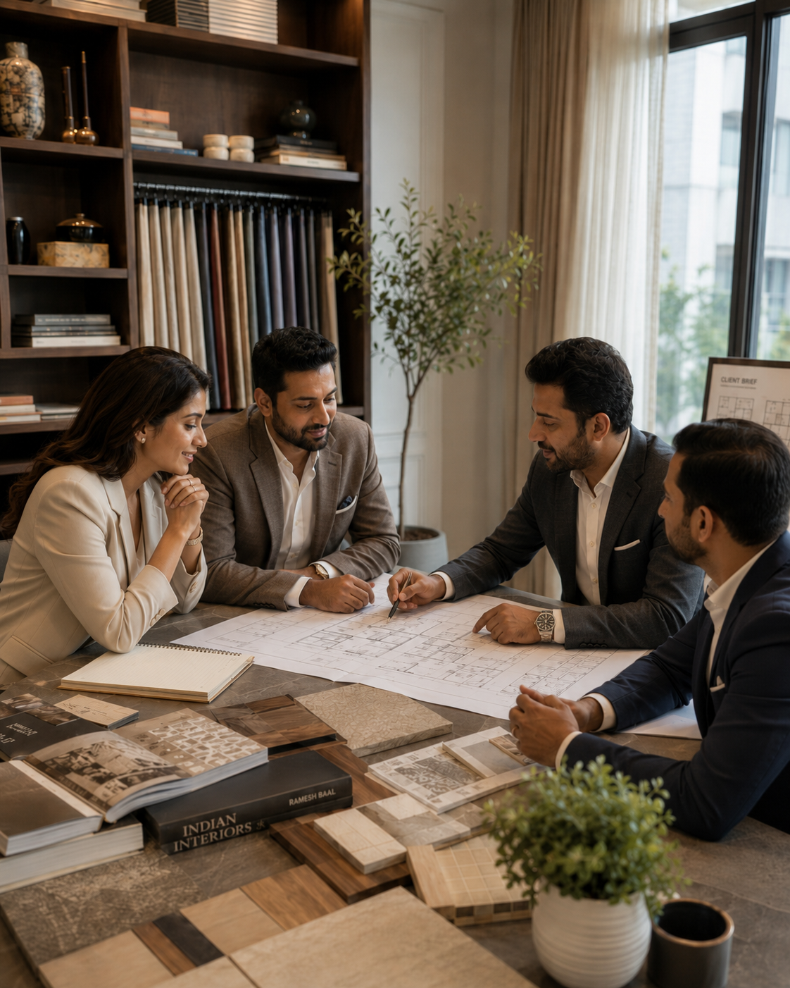 Indian couple, designers, and sales head discussing floor plans and material samples in an interior design studio