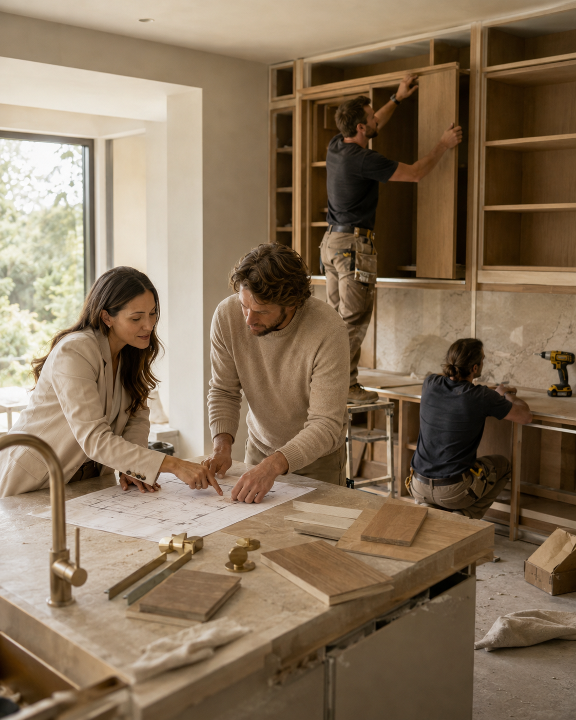 Interior site execution with designers reviewing plans while carpenters install cabinetry and finishes