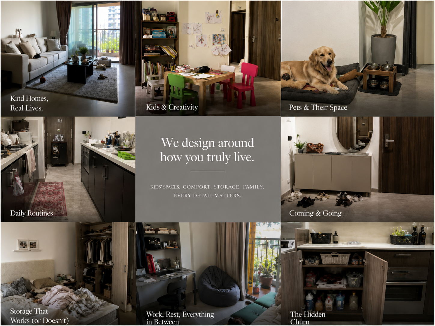 Lifestyle and real-home planning collage showing clarity, routines, storage, comfort, and practical home needs