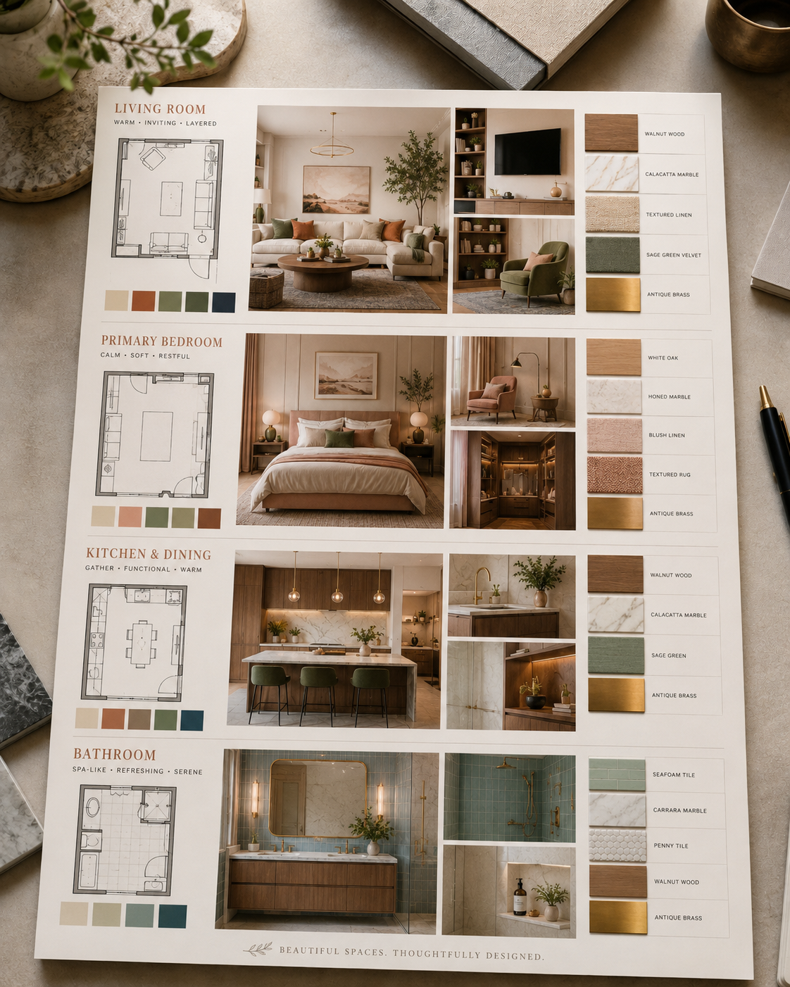 Colourful interior design moodboard with room-wise inspiration images, floor plans, material lists, and finish swatches
