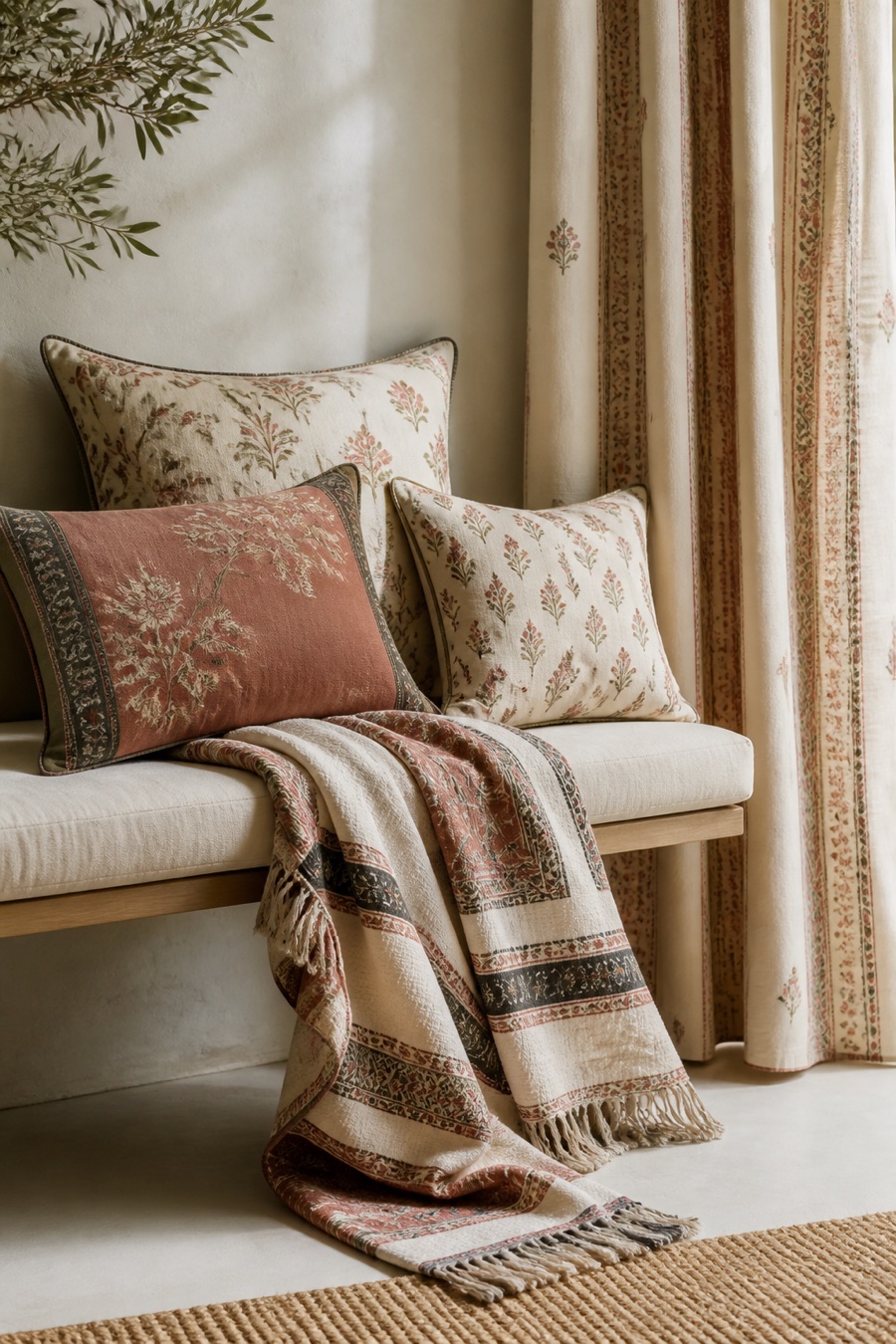 Cushions, throw, and curtain from the soft furnishings collection